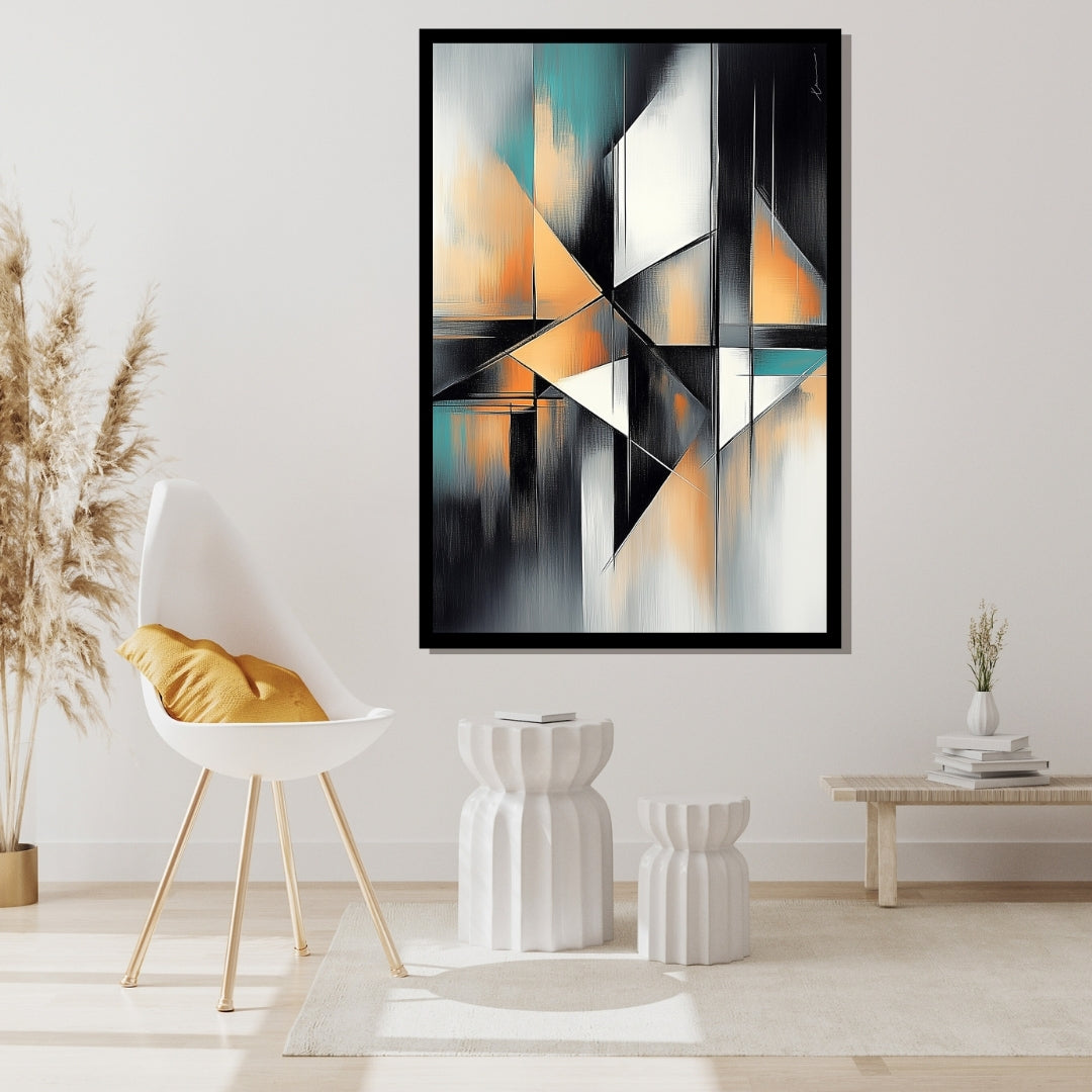 A geometric abstract canvas hung on the wall of a home office