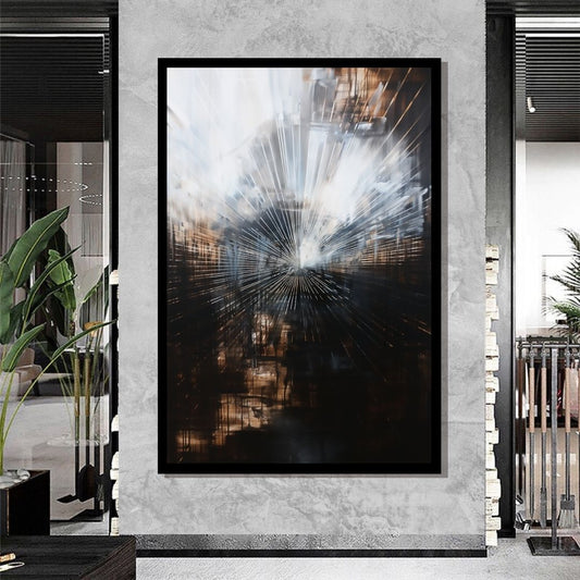 “Accelerated Perspectives” by ArtixHub, futuristic abstract canvas wall art in charcoal and beige