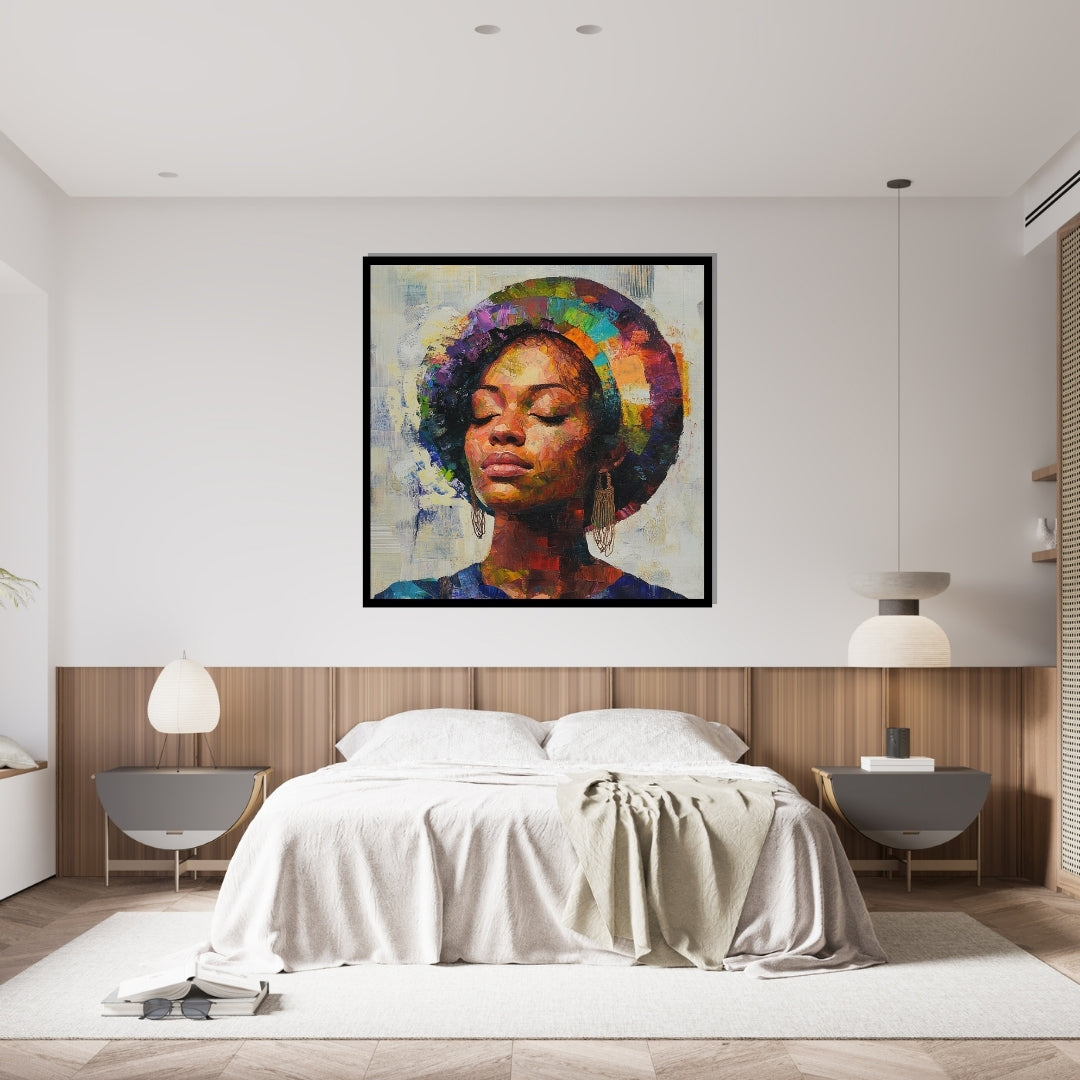 AfroAura_by_Amina_Diallo Colorful abstract painting of a woman's face with a vibrant halo. Artixhub