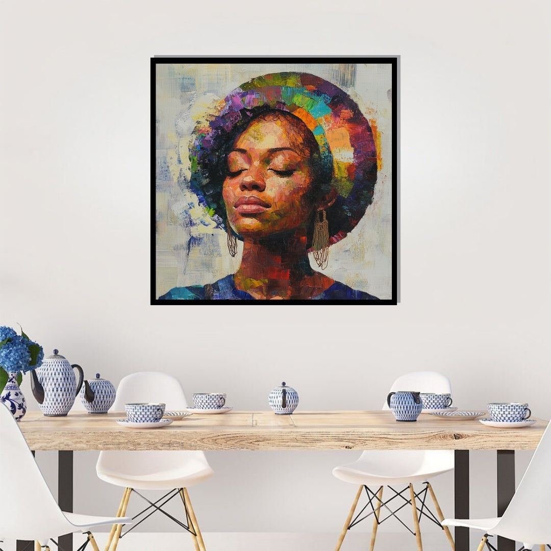 AfroAura_by_Amina_Diallo Colorful abstract painting of a woman's face with a vibrant halo. Artixhub