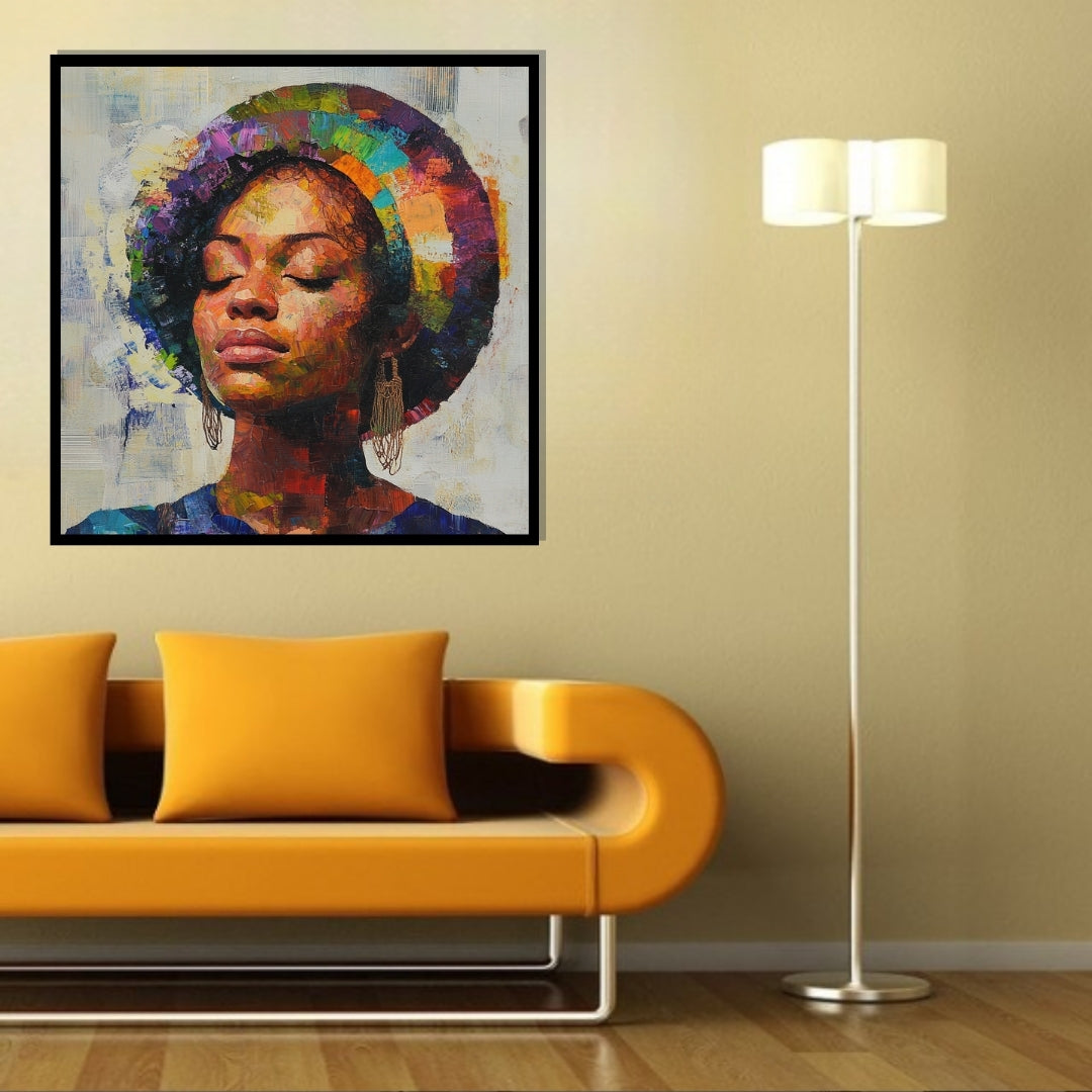 AfroAura_by_Amina_Diallo Colorful abstract painting of a woman's face with a vibrant halo. Artixhub