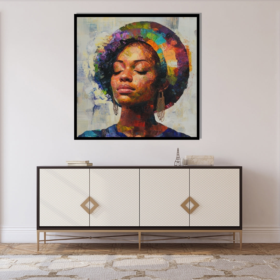 AfroAura_by_Amina_Diallo Colorful abstract painting of a woman's face with a vibrant halo. Artixhub