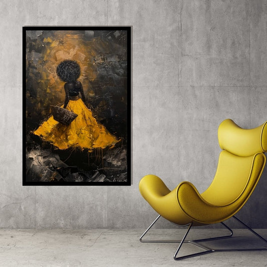 “Amber Aura” by ArtixHub – expressive figurative canvas wall art in warm yellow, sienna, and muted violet tones, ideal for bedrooms, dressing rooms, or lounge spaces. A soulful portrait with glowing energy, perfect for interiors featuring earthy palettes or golden accents. Designed for UAE homes seeking emotive and contemporary wall art.