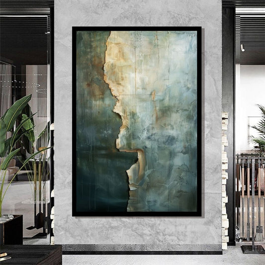 “Ancient Relic” by ArtixHub, abstract coastal canvas wall art in sandy beige and misty blue tones