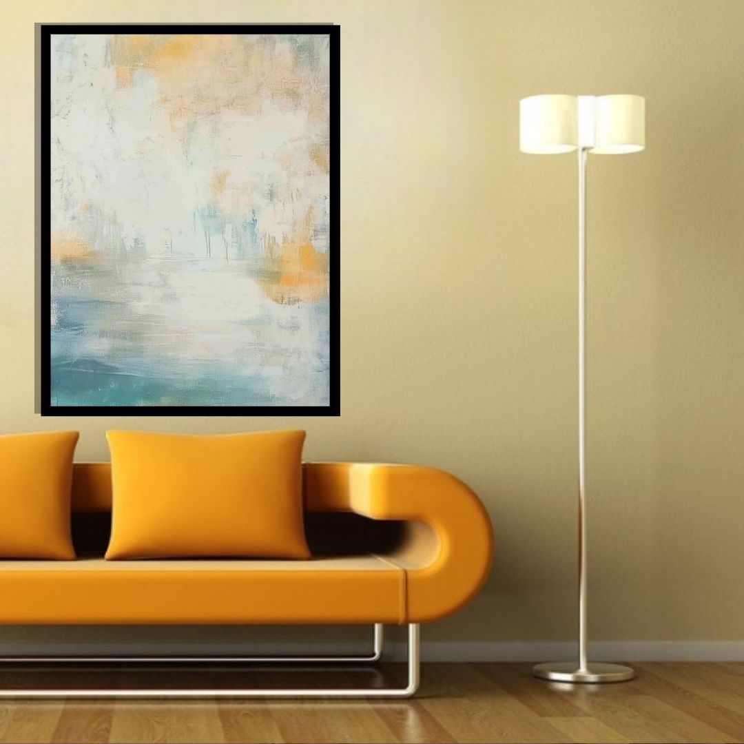 “Aquareach” by Sarah Lemaire – abstract painting with soft oceanic tones of teal, cream, and ochre. Atmospheric canvas wall art. Available at www.artixhub.com
