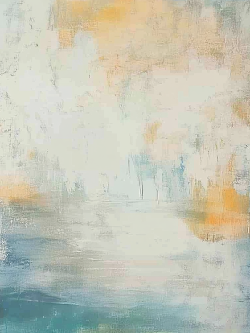 “Aquareach” by Sarah Lemaire – abstract painting with soft oceanic tones of teal, cream, and ochre. Atmospheric canvas wall art. Available at www.artixhub.com