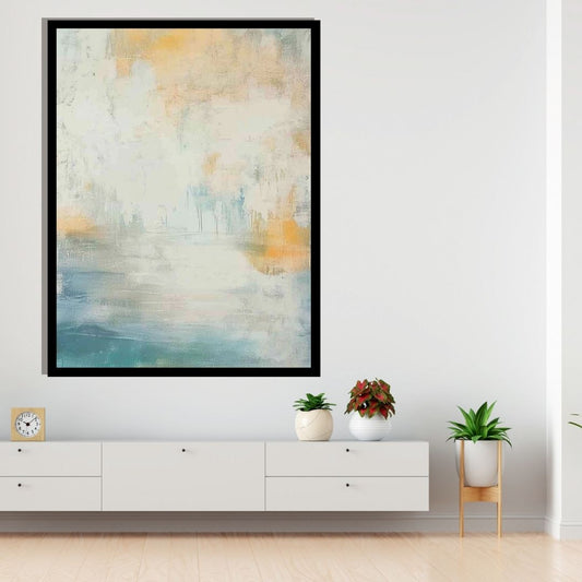 “Aquareach” by Sarah Lemaire – abstract painting with soft oceanic tones of teal, cream, and ochre. Atmospheric canvas wall art. Available at www.artixhub.com