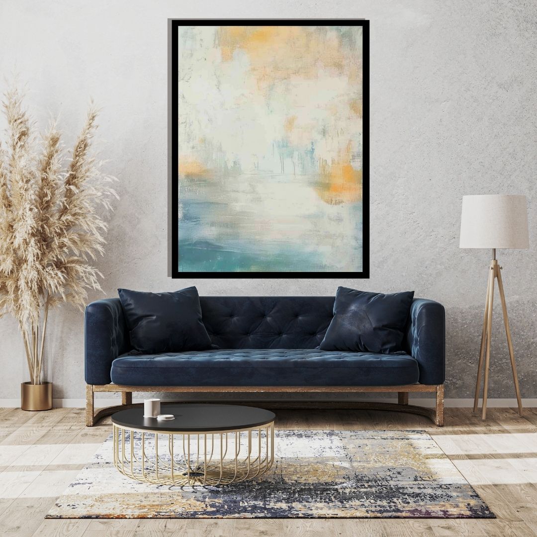 “Aquareach” by Sarah Lemaire – abstract painting with soft oceanic tones of teal, cream, and ochre. Atmospheric canvas wall art. Available at www.artixhub.com
