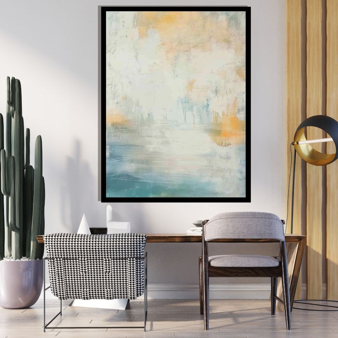 “Aquareach” by Sarah Lemaire – abstract painting with soft oceanic tones of teal, cream, and ochre. Atmospheric canvas wall art. Available at www.artixhub.com