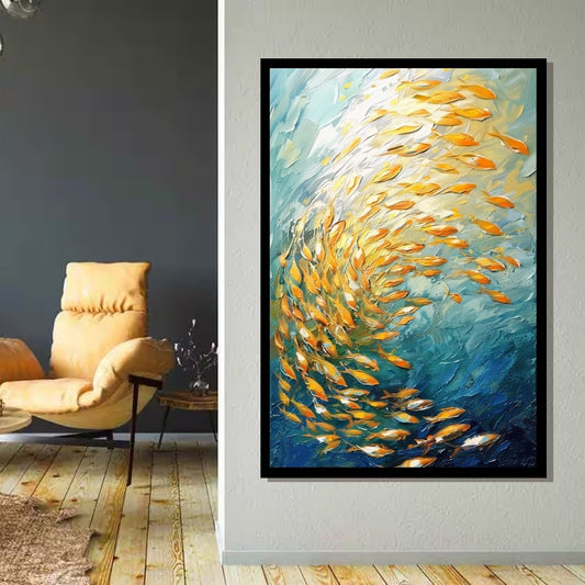 “Aquatic Dance” by ArtixHub, abstract canvas wall art featuring flowing forms of fish in blue