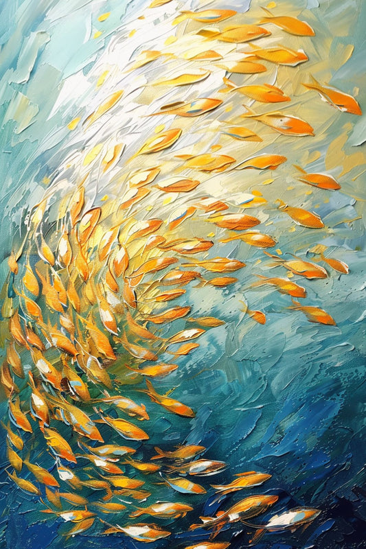 “Aquatic Dance” by ArtixHub – abstract canvas wall art featuring flowing forms of fish in blue, teal, and coral tones, ideal for dining areas, kids’ rooms, or creative studio spaces. With fluid motion and coastal charm, this piece pairs beautifully with beach-style, ocean-inspired, or nature-themed interiors. Perfect for UAE homes seeking movement and serenity through art.
