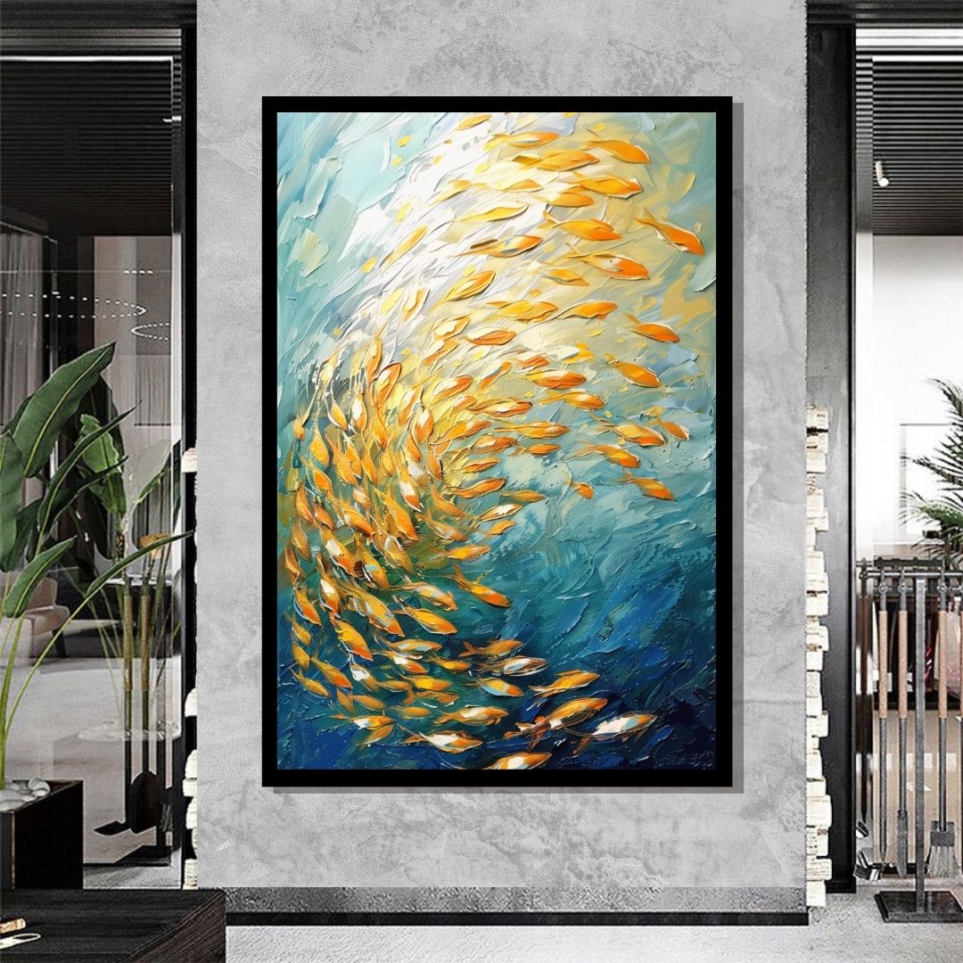 “Aquatic Dance” by ArtixHub – abstract canvas wall art featuring flowing forms of fish in blue, teal, and coral tones, ideal for dining areas, kids’ rooms, or creative studio spaces. With fluid motion and coastal charm, this piece pairs beautifully with beach-style, ocean-inspired, or nature-themed interiors. Perfect for UAE homes seeking movement and serenity through art.