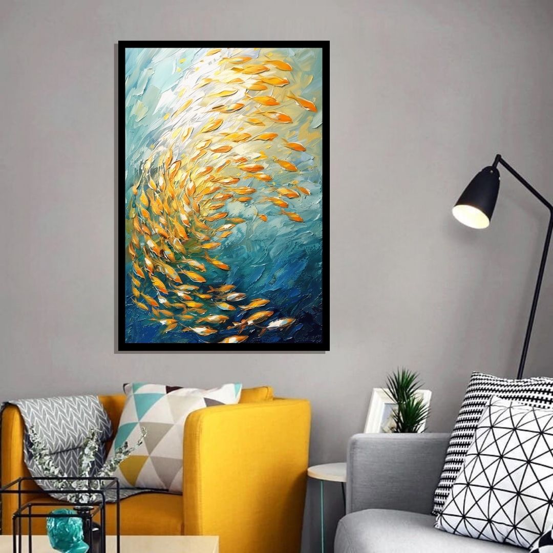 “Aquatic Dance” by ArtixHub – abstract canvas wall art featuring flowing forms of fish in blue, teal, and coral tones, ideal for dining areas, kids’ rooms, or creative studio spaces. With fluid motion and coastal charm, this piece pairs beautifully with beach-style, ocean-inspired, or nature-themed interiors. Perfect for UAE homes seeking movement and serenity through art.