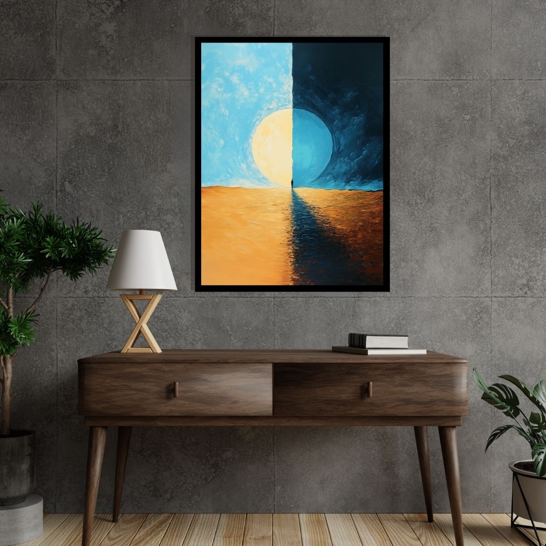 “At the Seam” by Valerii – surreal abstract painting of a solitary figure walking along the split between night and day, symbolizing balance and duality. Available at www.artixhub.com