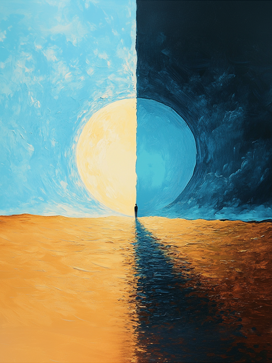 “At the Seam” by Valerii – surreal abstract painting of a solitary figure walking along the split between night and day, symbolizing balance and duality. Available at www.artixhub.com