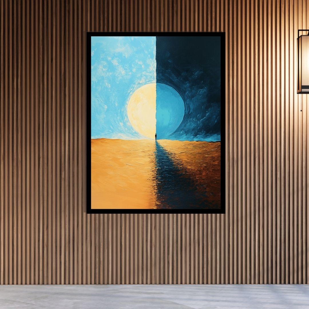 “At the Seam” by Valerii – surreal abstract painting of a solitary figure walking along the split between night and day, symbolizing balance and duality. Available at www.artixhub.com