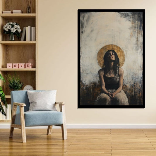 “Aura of Solace” by ArtixHub – figurative canvas wall art in warm beige, deep rose, and muted purple tones, ideal for bedrooms, dressing rooms, or reading nooks. A quiet, introspective portrait that conveys emotion and softness, pairing well with romantic, bohemian, or minimalist interiors. Perfect for UAE homes seeking calm, character-driven décor.