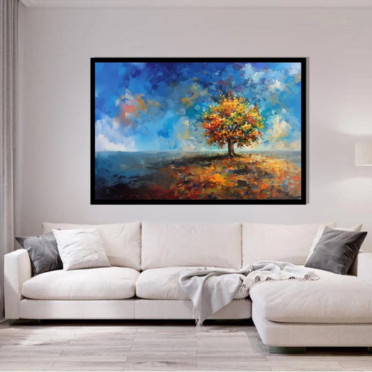 “Autumn’s Aria” by ArtixHub, abstract botanical canvas wall art in vibrant red and orange tones