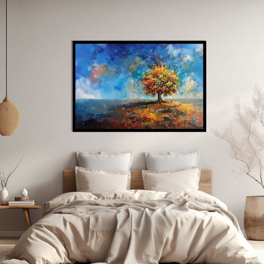 “Autumn’s Aria” by ArtixHub – abstract botanical canvas wall art in vibrant red, orange, and yellow tones, ideal for living rooms, hallways, or wellness spaces. Featuring a dynamic tree in full seasonal bloom, this expressive artwork pairs beautifully with earthy, rustic, or transitional interiors. Perfect for UAE homes celebrating nature and warmth.