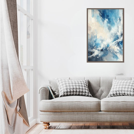 “Azure Dreamscape” by ArtixHub, minimalist abstract canvas wall art in deep azure and ivory tones
