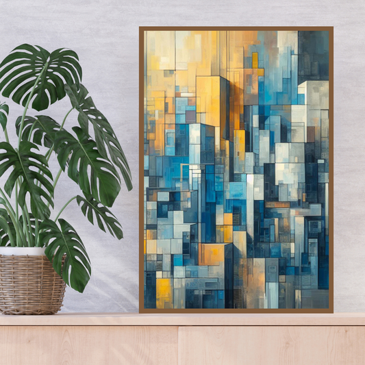 “Balance in Blocks” by ArtixHub, geometric abstract canvas wall art in muted blue and beige tones