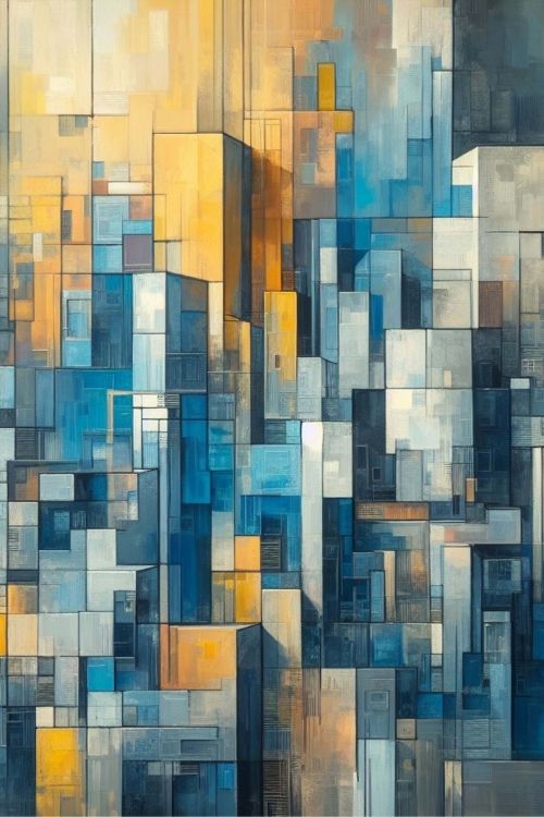 “Balance in Blocks” by ArtixHub – geometric abstract canvas wall art in muted blue, beige, and soft gray tones, ideal for modern offices, bedrooms, or studio spaces. With clean lines and a calming rhythm, this artwork pairs effortlessly with Scandinavian, minimalist, or mid-century interiors. Perfect for UAE homes seeking structure and visual harmony.