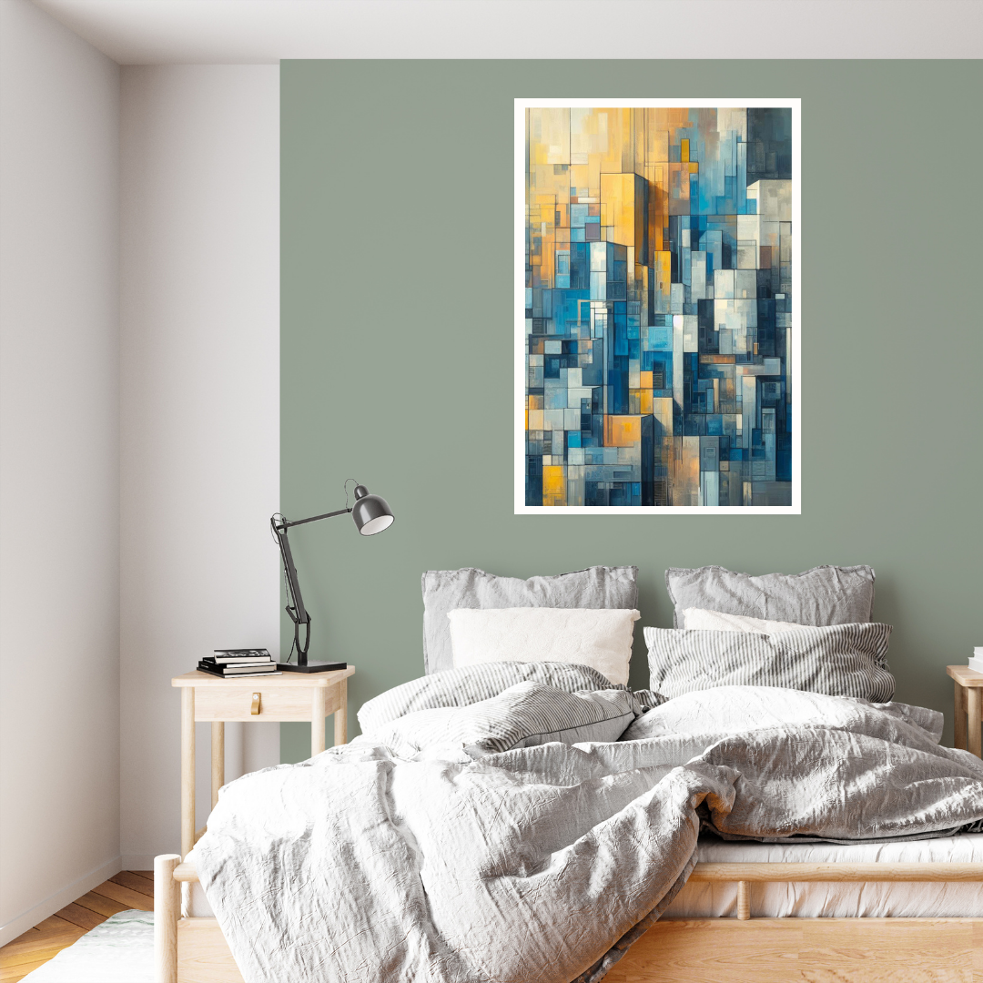 “Balance in Blocks” by ArtixHub – geometric abstract canvas wall art in muted blue, beige, and soft gray tones, ideal for modern offices, bedrooms, or studio spaces. With clean lines and a calming rhythm, this artwork pairs effortlessly with Scandinavian, minimalist, or mid-century interiors. Perfect for UAE homes seeking structure and visual harmony.