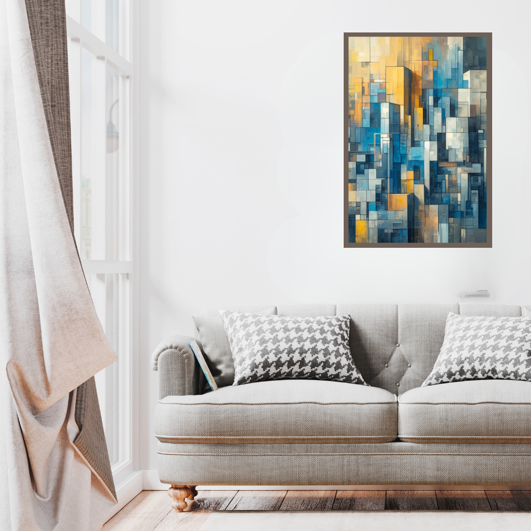 “Balance in Blocks” by ArtixHub – geometric abstract canvas wall art in muted blue, beige, and soft gray tones, ideal for modern offices, bedrooms, or studio spaces. With clean lines and a calming rhythm, this artwork pairs effortlessly with Scandinavian, minimalist, or mid-century interiors. Perfect for UAE homes seeking structure and visual harmony.