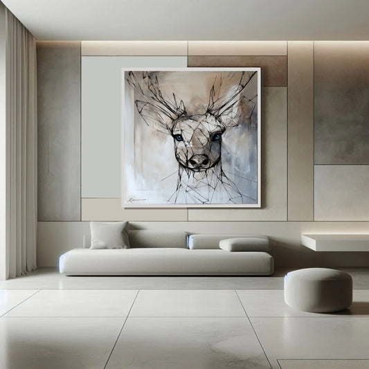 “Blue a Deer” by Xennoir – abstract expressionist deer portrait with black geometric lines and vivid blue eyes on neutral background, symbolizing alertness and inner clarity.
