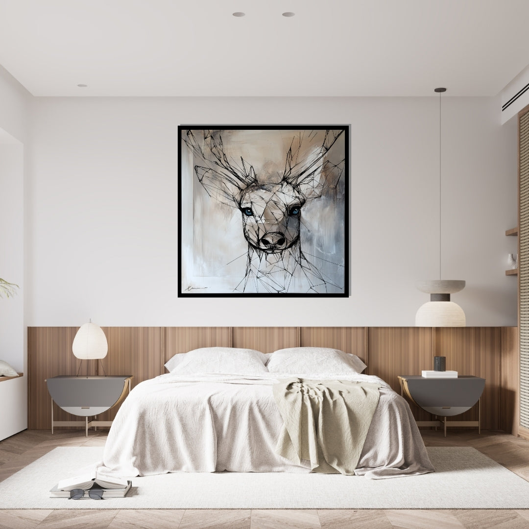 “Blue a Deer” by Xennoir – abstract expressionist deer portrait with black geometric lines and vivid blue eyes on neutral background, symbolizing alertness and inner clarity.