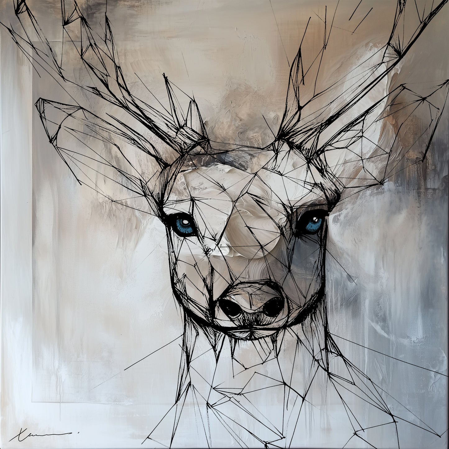 “Blue a Deer” by Xennoir – abstract expressionist deer portrait with black geometric lines and vivid blue eyes on neutral background, symbolizing alertness and inner clarity.