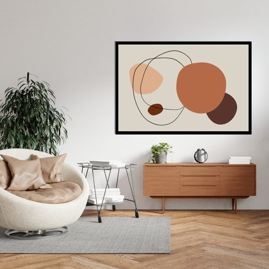 “Brunna” by Clara Moret – minimalist abstract artwork with brown and terracotta shapes and fluid black lines on a beige background.