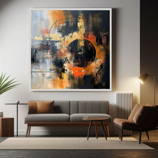 “Burnt Umber Dawn” by ArtixHub, minimalist abstract canvas wall art in rich rust and sand beige