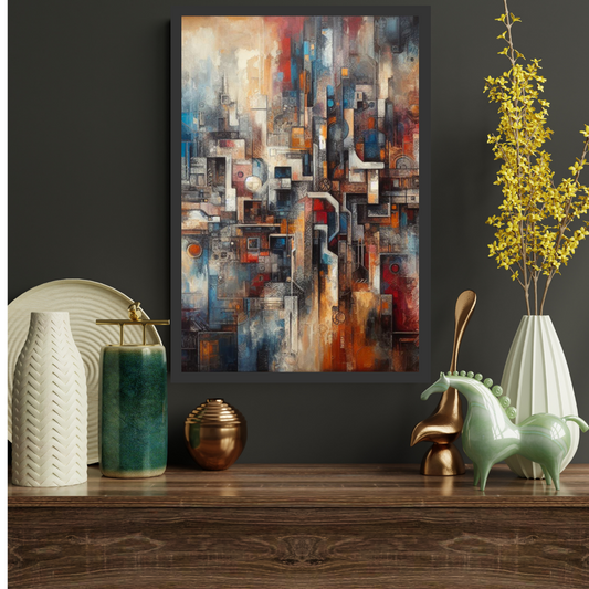 “Chaos” by ArtixHub, bold abstract canvas wall art in deep charcoal, rust red, and cream tones