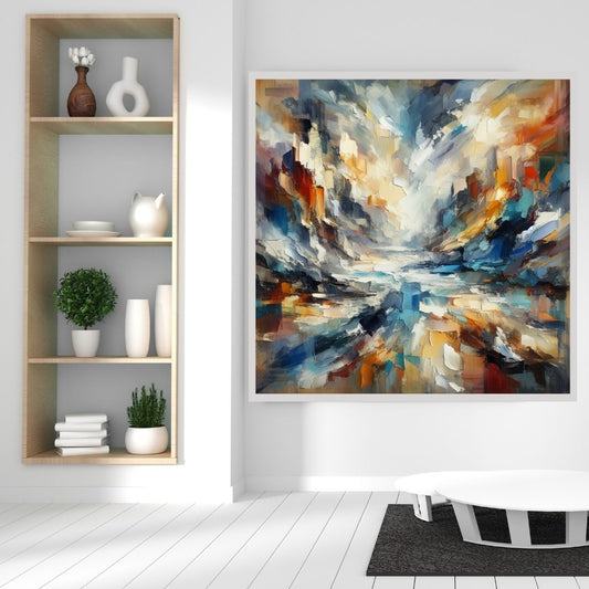 “Chaos in Harmony” by ArtixHub – abstract canvas wall art in blue, orange, gold, and white tones, ideal for modern living rooms, bedrooms, or office spaces. A bold statement piece that pairs well with neutral or warm interior color palettes. Perfect for UAE homes seeking expressive, contemporary décor.