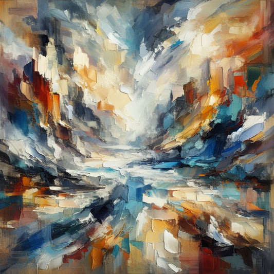 “Chaos in Harmony” by ArtixHub, abstract canvas wall art in blue, orange, gold, and white tones