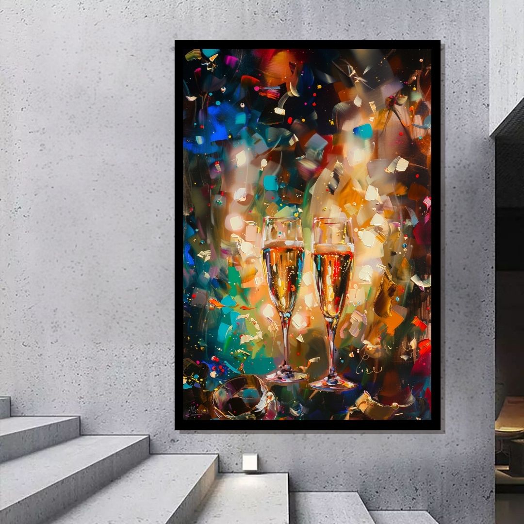 “Cheers of Joy” by ArtixHub – vibrant pop art canvas wall art featuring a joyful toast in yellow, red, and soft blue tones, ideal for dining rooms, kitchens, or game rooms. This playful piece adds energy and personality to social spaces, making it perfect for UAE homes that celebrate bold color and cheerful design.