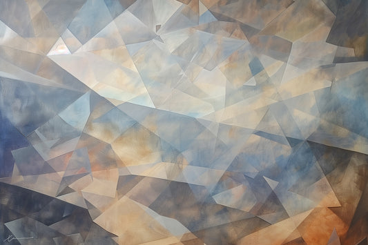 “Choatic Clearance” by Xennoir – abstract geometric painting with layered transparent angles in blue, beige, and warm tones, expressing mental clarity emerging through chaos.