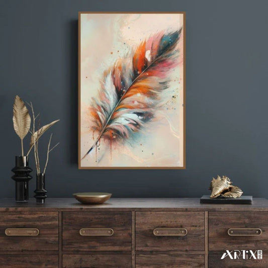“Chromatic Quill” by ArtixHub, abstract canvas wall art featuring a feather form in orange and teal