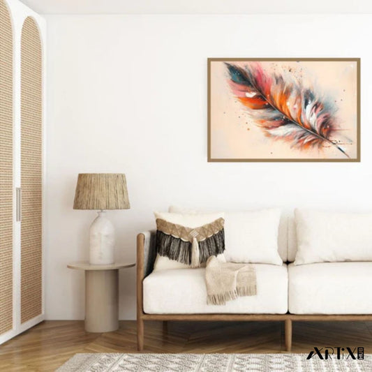 “Chromatic Quill” by ArtixHub – abstract canvas wall art featuring a feather form in orange, teal, and neutral tones, ideal for bedrooms, wellness spaces, or reading nooks. Soft yet vibrant, this artwork brings organic movement and poetic charm to UAE homes with minimalist or nature-inspired interiors.