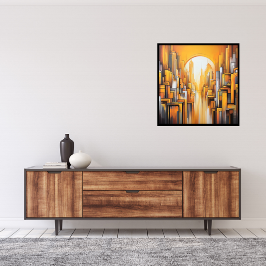 “Citadel of Sunshine” by ArtixHub – abstract cityscape canvas wall art in vivid yellow, warm orange, and soft white tones, ideal for entryways, offices, or lounge areas. This uplifting piece radiates energy and architectural charm, making it perfect for UAE homes that embrace bold color and modern urban design.