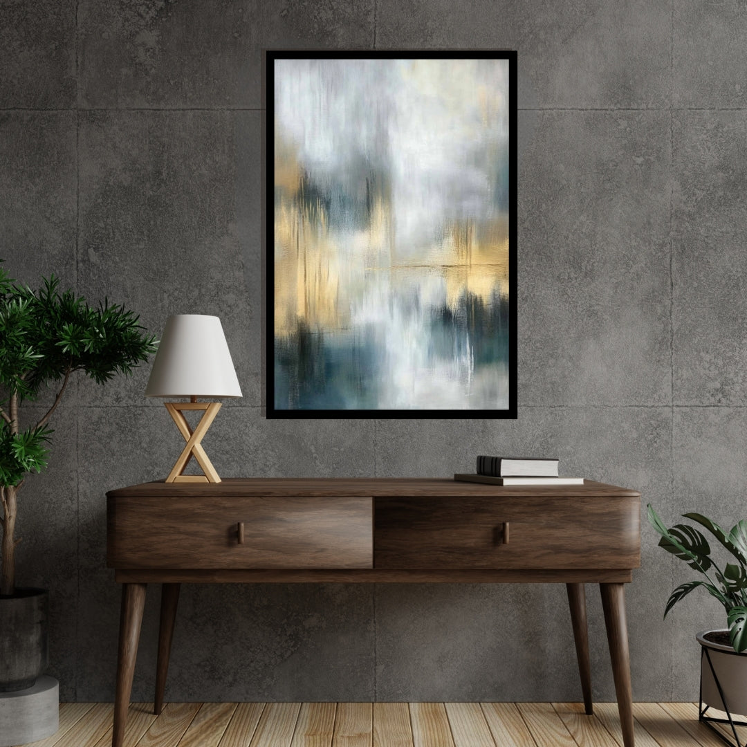 “City Murmurs” by Sarah Lemaire – abstract wall art blending soft grey, blue, and golden tones with urban-inspired reflections and atmospheric texture.