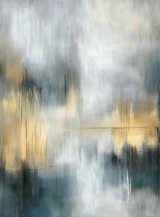 “City Murmurs” by Sarah Lemaire – abstract wall art blending soft grey, blue, and golden tones with urban-inspired reflections and atmospheric texture.