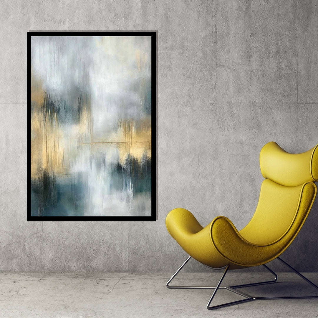 “City Murmurs” by Sarah Lemaire – abstract wall art blending soft grey, blue, and golden tones with urban-inspired reflections and atmospheric texture.
