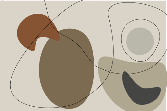 “Clayra” by Clara Moret – minimalist abstract composition featuring brown and beige shapes with black line art on a soft neutral background.