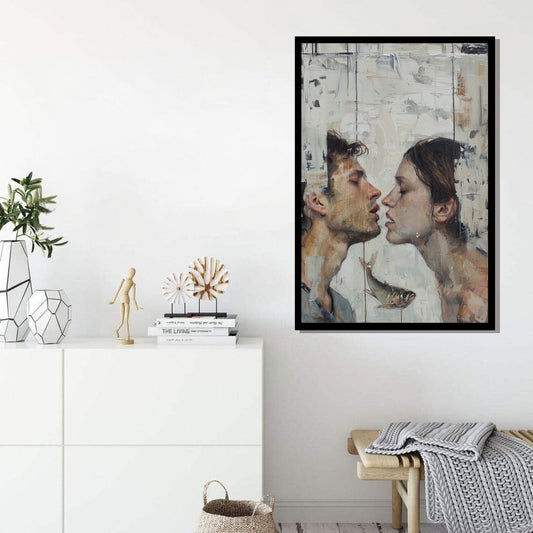 “Close Encounters” by ArtixHub – romantic figurative canvas wall art in deep red, navy, and neutral tones, ideal for bedrooms, lounge areas, or dressing rooms. With passionate brushwork and intimate composition, this artwork brings warmth and emotion to UAE homes that celebrate connection and contemporary artistic expression.