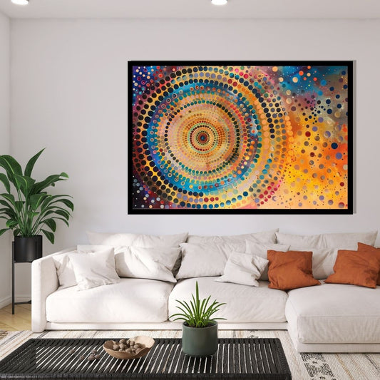 “Color Cyclone” by ArtixHub, vibrant abstract canvas wall art featuring swirling circles in red