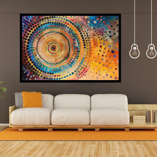 “Color Cyclone” by ArtixHub – vibrant abstract canvas wall art featuring swirling circles in red, yellow, blue, and green tones, ideal for game rooms, studios, or kids’ spaces. A playful and energetic piece that brings motion and excitement to UAE homes with colorful or eclectic interior styles.