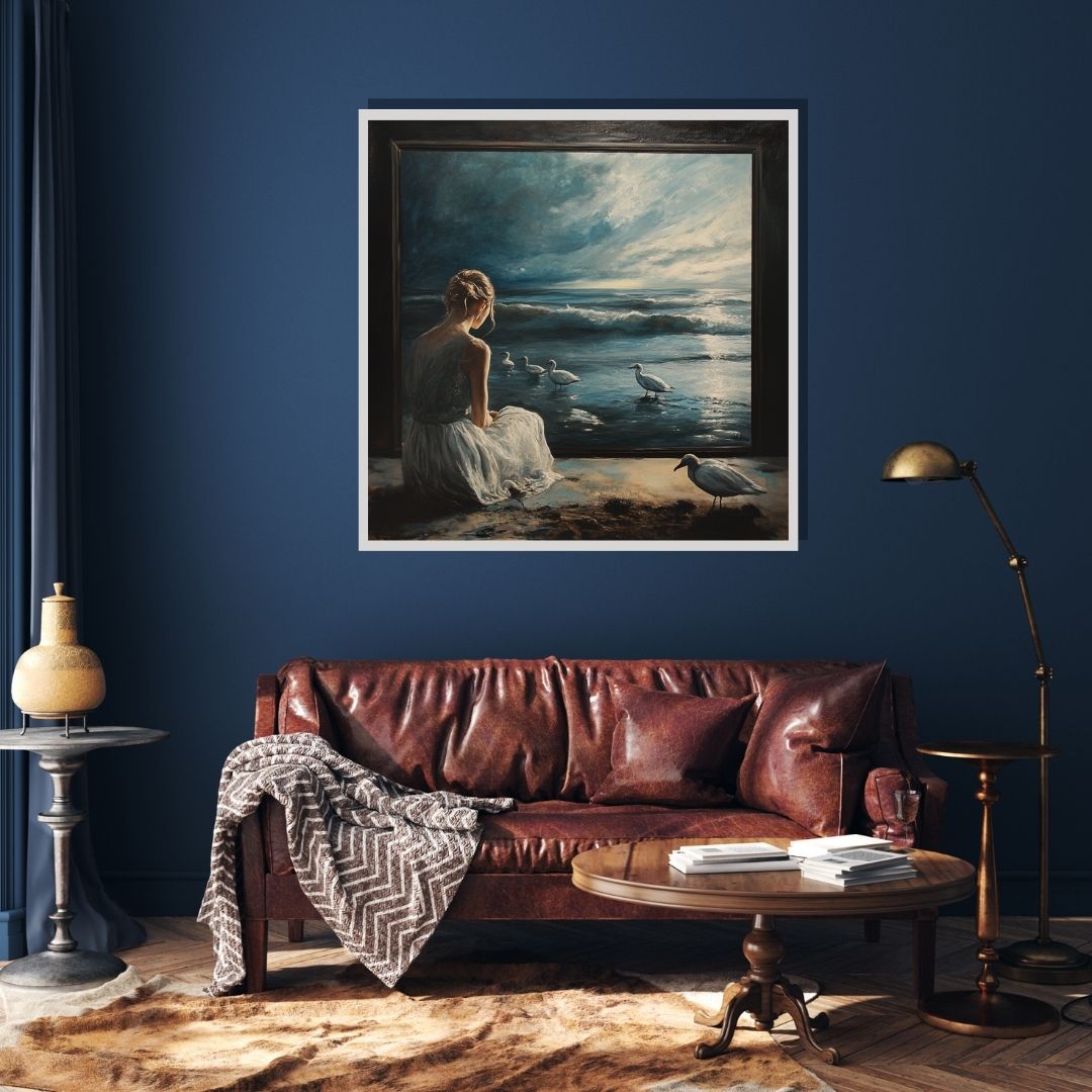 “Contemplative Tides” by ArtixHub – figurative coastal canvas wall art featuring a reflective female figure against a tranquil sea in muted blues and sandy beige tones, ideal for bedrooms, wellness spaces, or lounge areas. This serene composition evokes solitude and peace, making it perfect for UAE homes embracing coastal calm and introspective design.