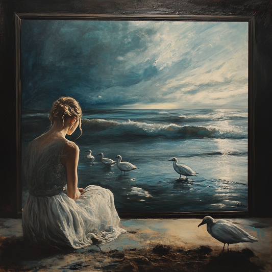 “Contemplative Tides” by ArtixHub – figurative coastal canvas wall art featuring a reflective female figure against a tranquil sea in muted blues and sandy beige tones, ideal for bedrooms, wellness spaces, or lounge areas. This serene composition evokes solitude and peace, making it perfect for UAE homes embracing coastal calm and introspective design.